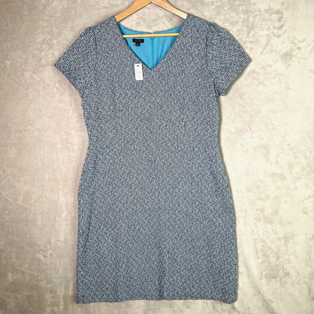 NWT Talbots Spring‎ Tweed A-line Dress 14 Blue Lined Short Sleeve V-Neck Career